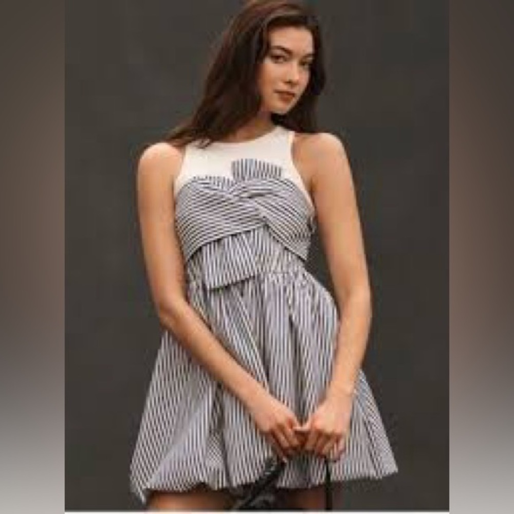 Anthropologie White and Navy Striped Knot-Front Mini Dress